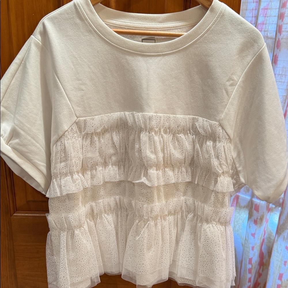 Anthropologie Cream Ruffled Short Sleeve Sweatshirt Top
